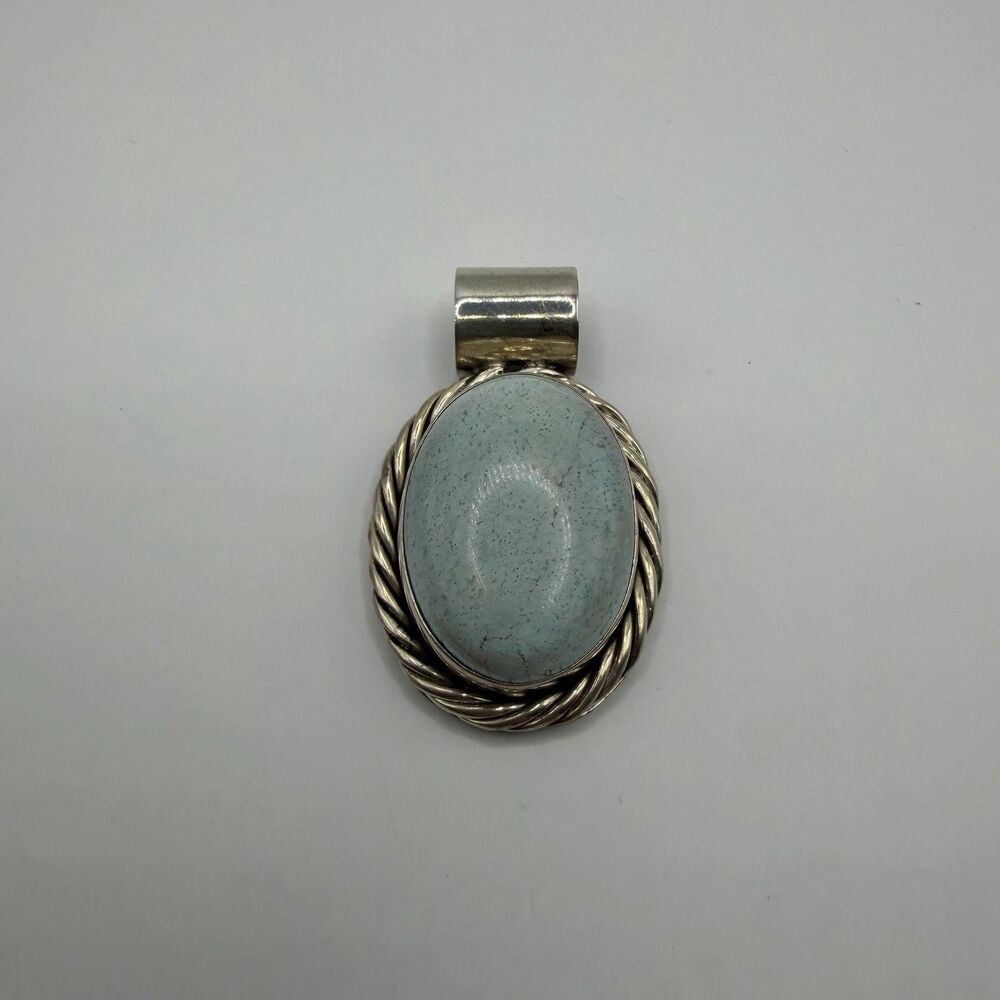 Vintage Sterling Silver Oval White Stone Pendant 1.5" Heavy 16.8g Rope Border